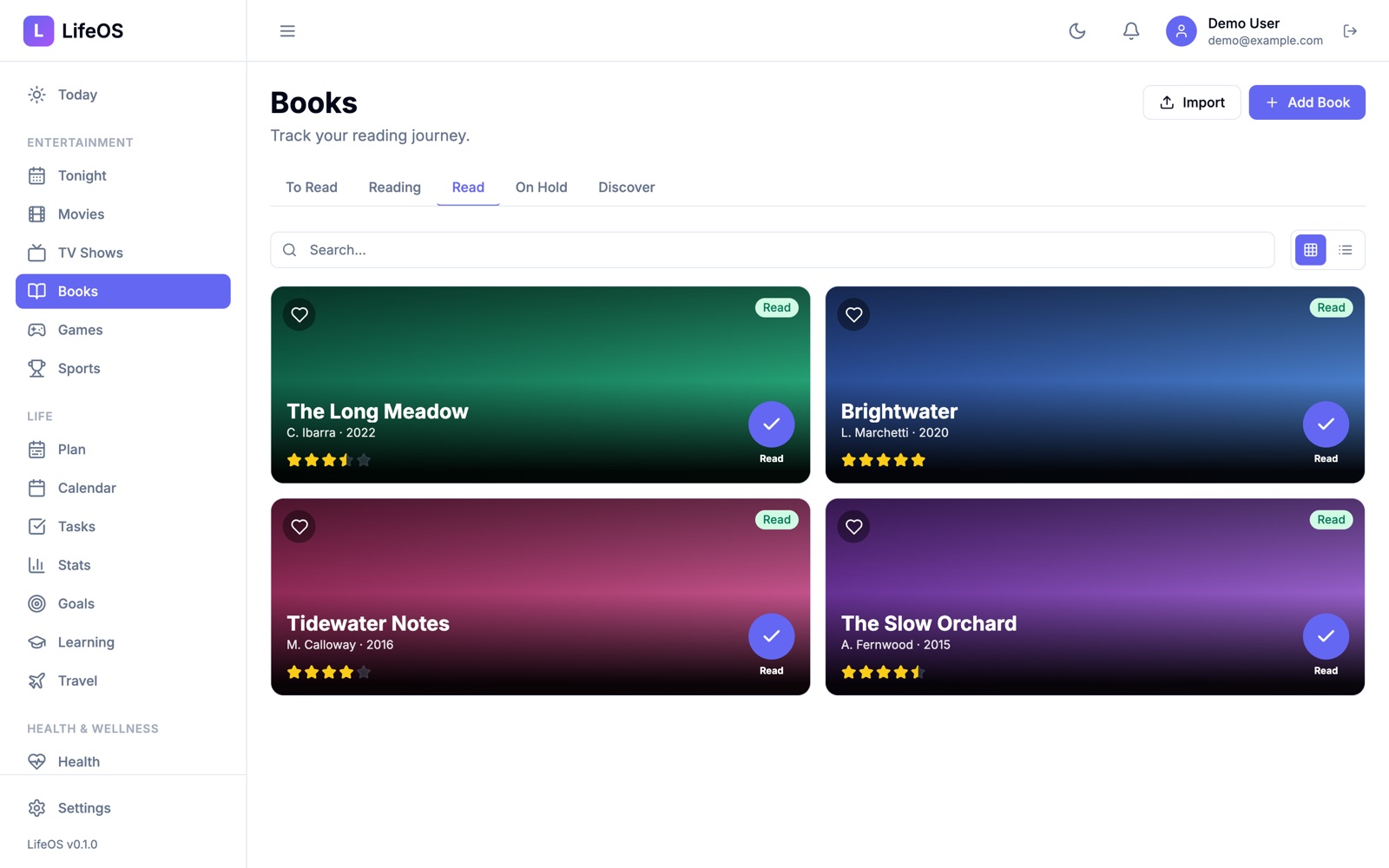 Grid of books read, each with a cover and a star rating