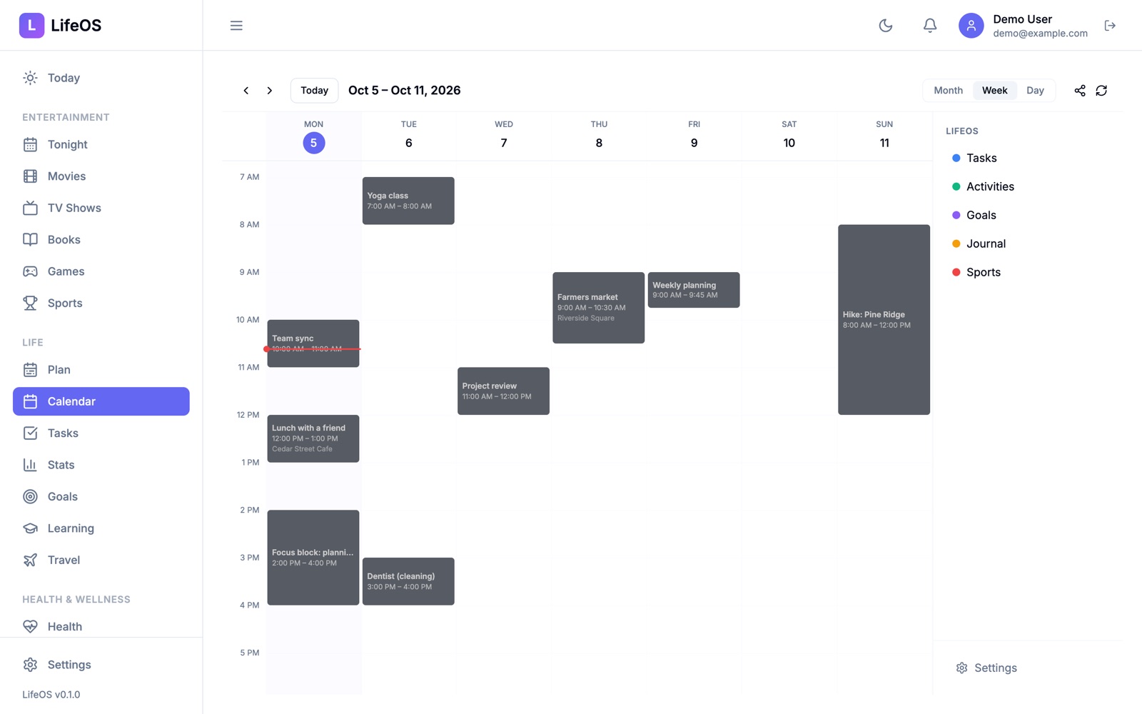 Week calendar with events, colour-keyed by tasks, activities, goals, journal and sports