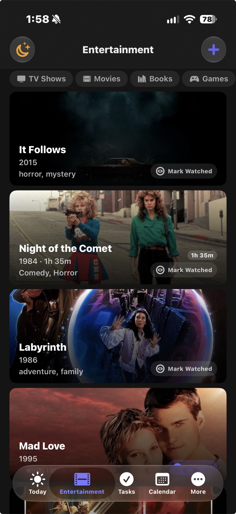 LifeOS on iPhone: a watchlist of films with poster art