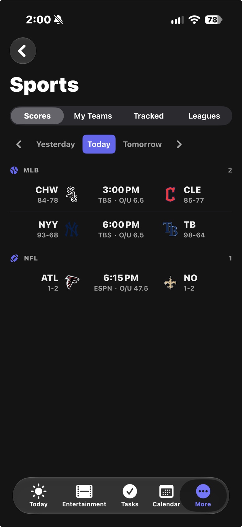 LifeOS on iPhone: today's baseball and football games