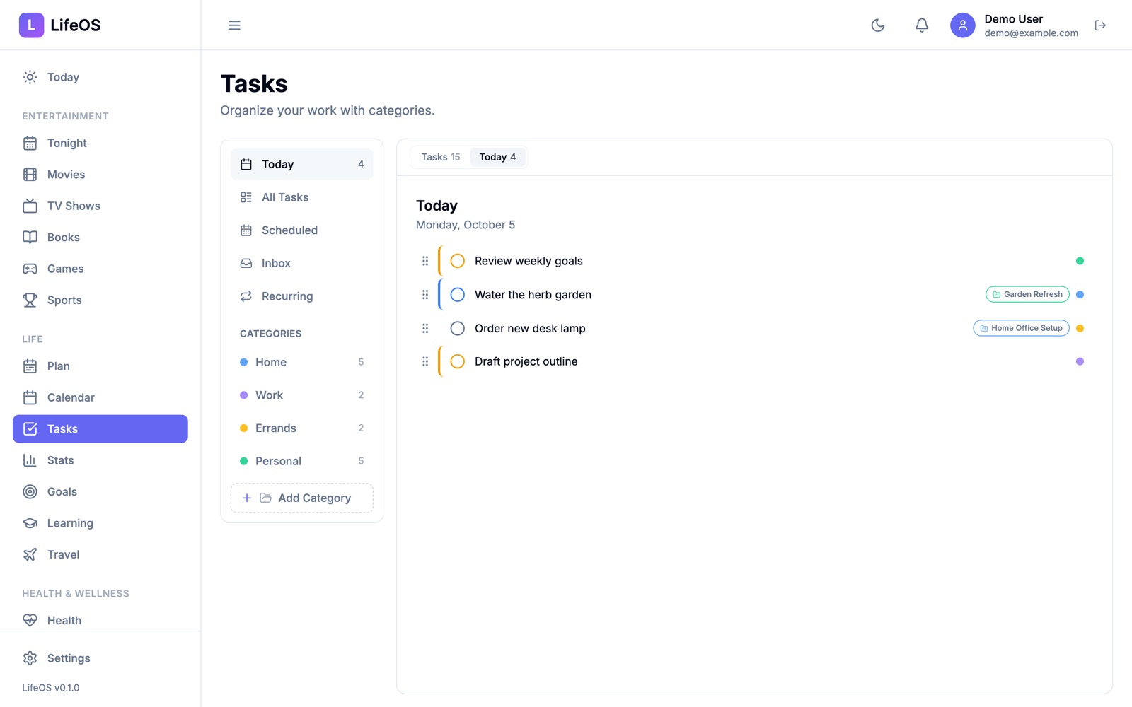 Task list for today with categories and projects in a sidebar