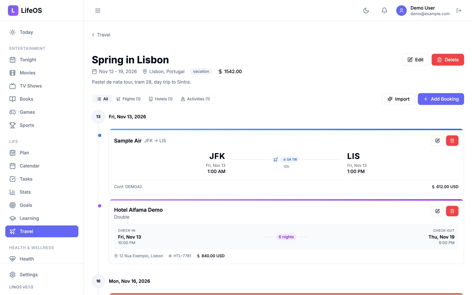 Trip page for a week in Lisbon, with a flight and a hotel booking laid out on a timeline